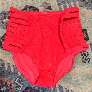 KIAVA Neon Coral High-Waist Strappy Bikini Bottom